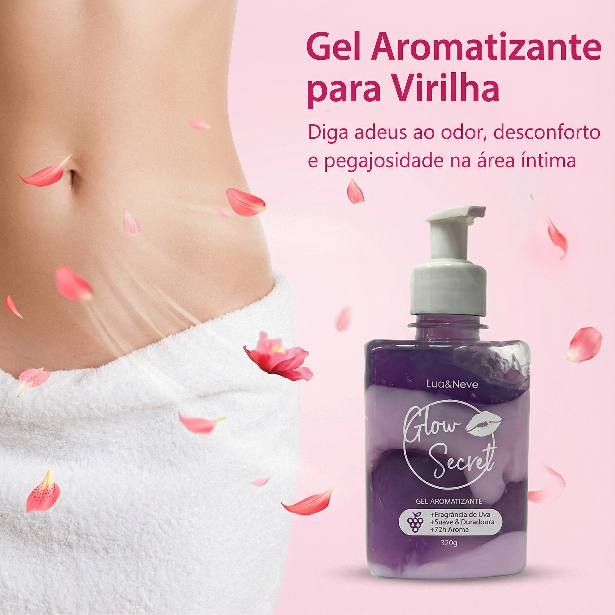 Gel Aromatizante para Virilha 320g: Limpeza Suave, Alívio e Eliminação de Odores, Embalagem com Dispenser de Pressão