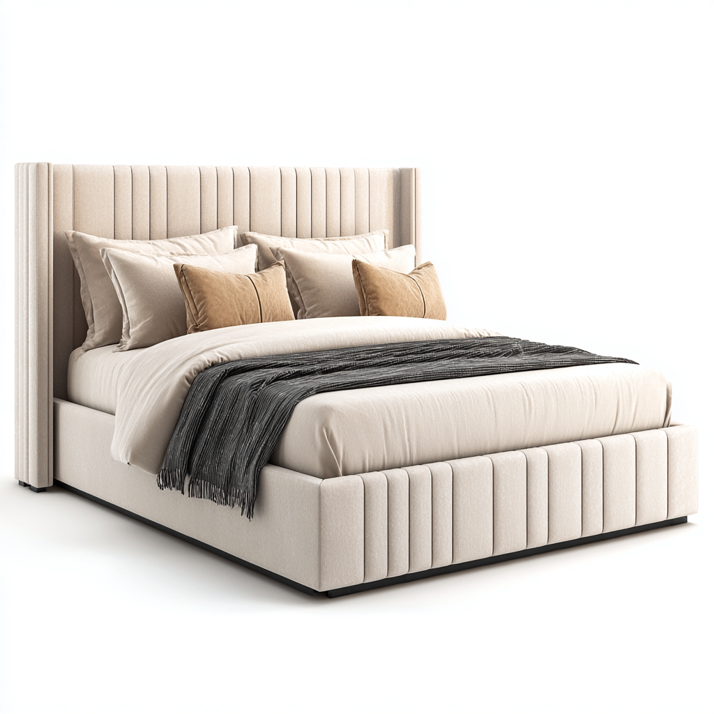 Lit double tissu 200x180x128 cm - beige - adapté à la chambre - design rembourré moderne-Nicheuse