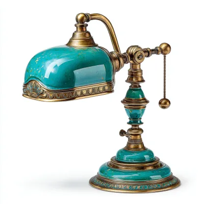Lampe de table métal et verre 26x18x32 cm - bleu vert et bronze - style vintage pour bureau-Nicheuse