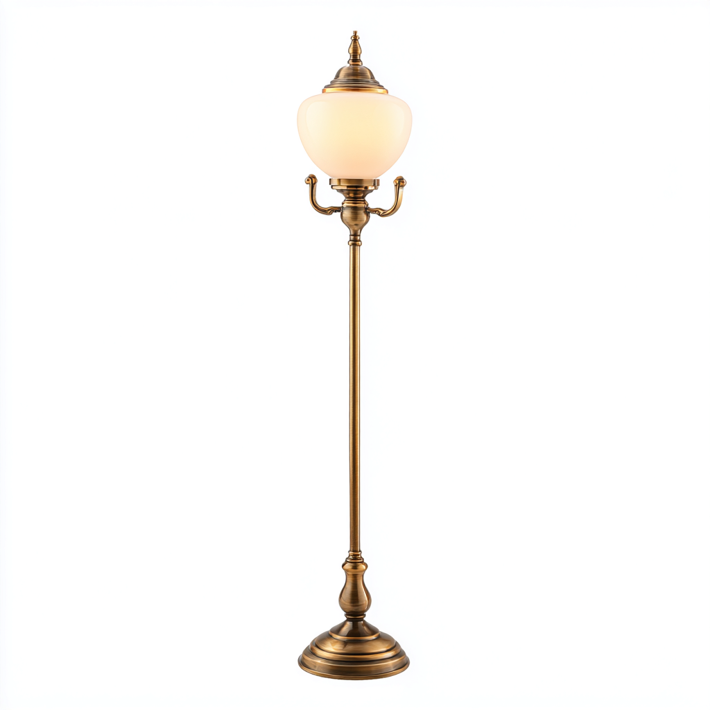 Lampadaire métal et verre 34x34x170 cm - laiton antique - blanc - pour salon - style vintage classique-Nicheuse