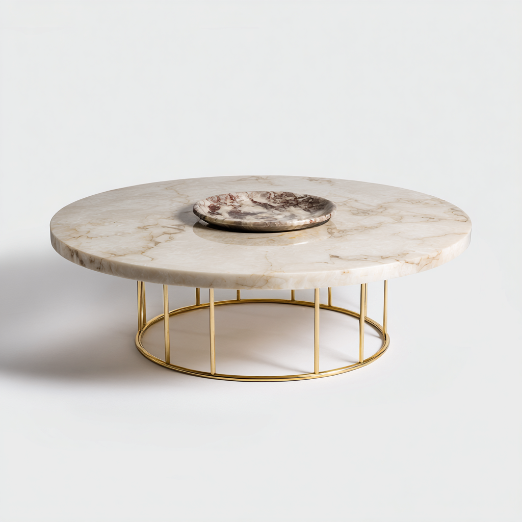 Table basse - marbre et métal - 90x90x32 cm - beige et or - pour salon - style moderne-Nicheuse