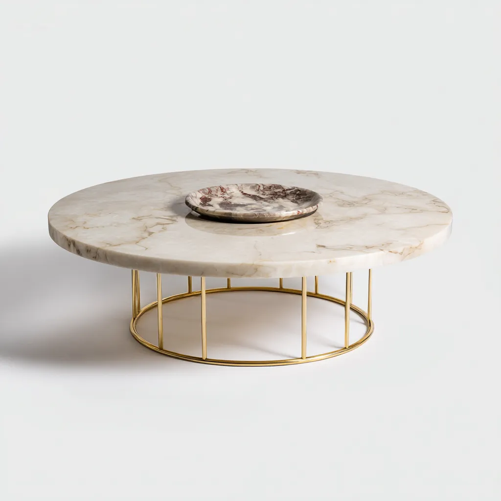 Table basse - marbre et métal - 90x90x32 cm - beige et or - pour salon - style moderne-Nicheuse