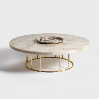 Table basse - marbre et métal - 90x90x32 cm - beige et or - pour salon - style moderne-Nicheuse