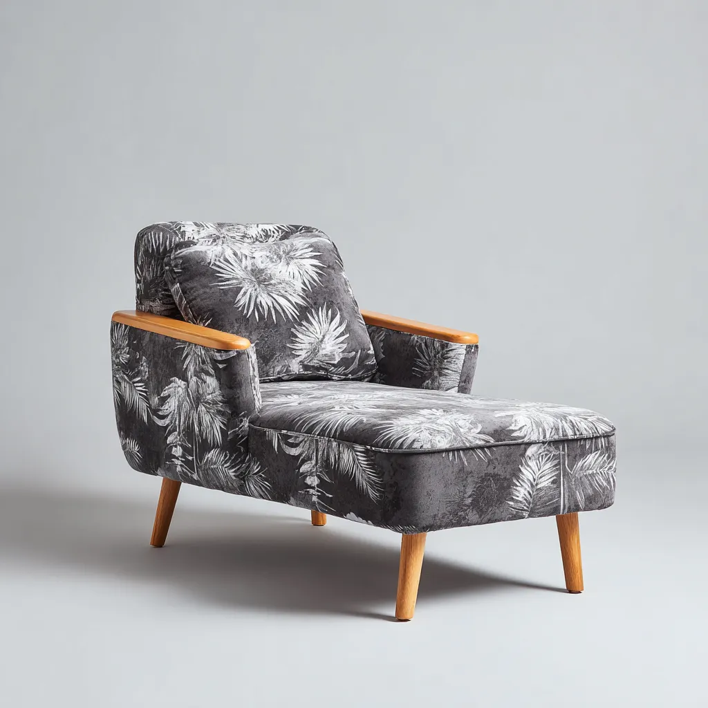 Chaise longue - tissu imprimé - bois - 165x70x85 cm - gris - style scandinave - adaptée au salon-Nicheuse