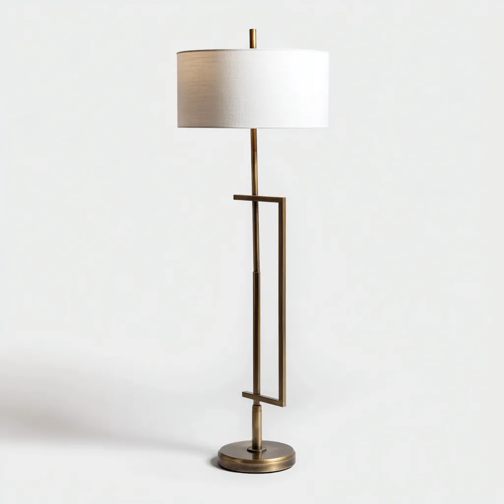 Lampadaire métal et tissu 36x36x170 cm - laiton antique - blanc - pour salon - style moderne minimaliste-Nicheuse