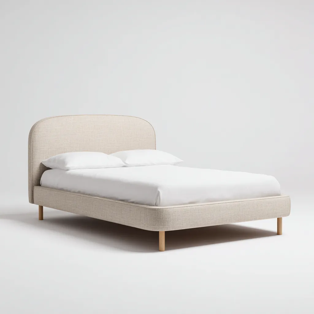 Lit double tissu 200x180x108 cm - beige - adapté à la chambre - design arrondi-Nicheuse