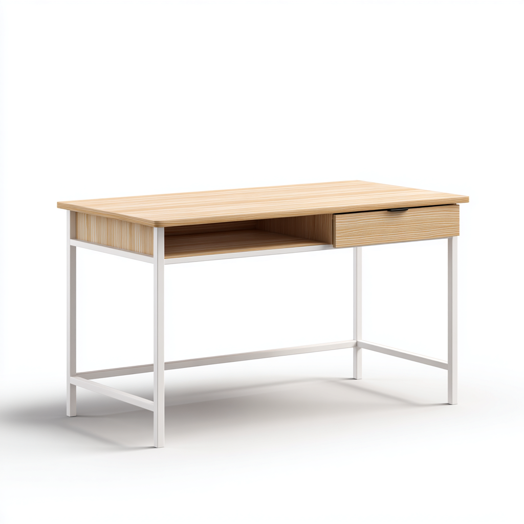 Bureau en bois et métal 120x60x75 cm - bois clair et blanc - design moderne - adapté au bureau-Nicheuse