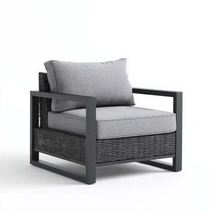 Fauteuil de jardin aluminium et rotin synthétique 82x80x86 cm - gris - noir - adapté à l'extérieur - design moderne-Nicheuse