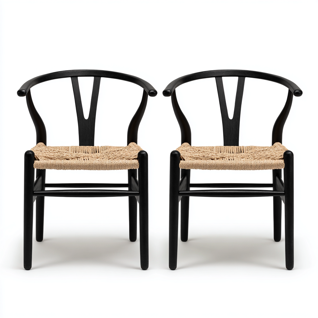 Chaise de salle à manger lot de 2 bois et corde 50x52x78 cm - noir et beige - style moderne - adaptées à salle à manger-Nicheuse