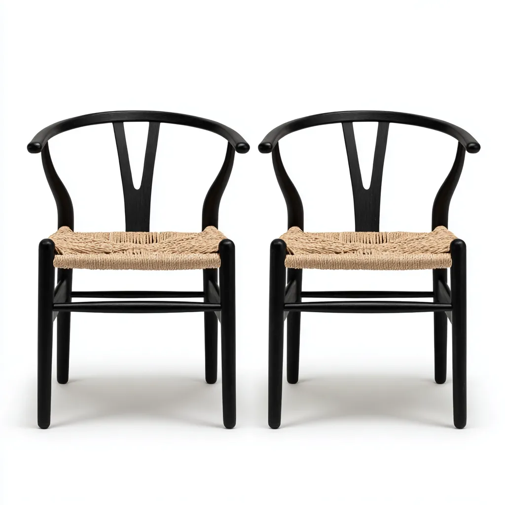 Chaise de salle à manger lot de 2 bois et corde 50x52x78 cm - noir et beige - style moderne - adaptées à salle à manger-Nicheuse