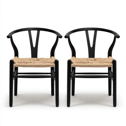Chaise de salle à manger lot de 2 bois et corde 50x52x78 cm - noir et beige - style moderne - adaptées à salle à manger-Nicheuse