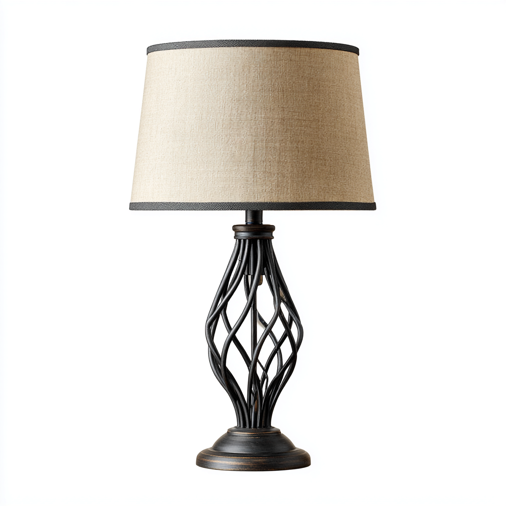 Lampe de table métal ajouré et tissu 28x28x52 cm - noir et beige - style classique pour salon-Nicheuse