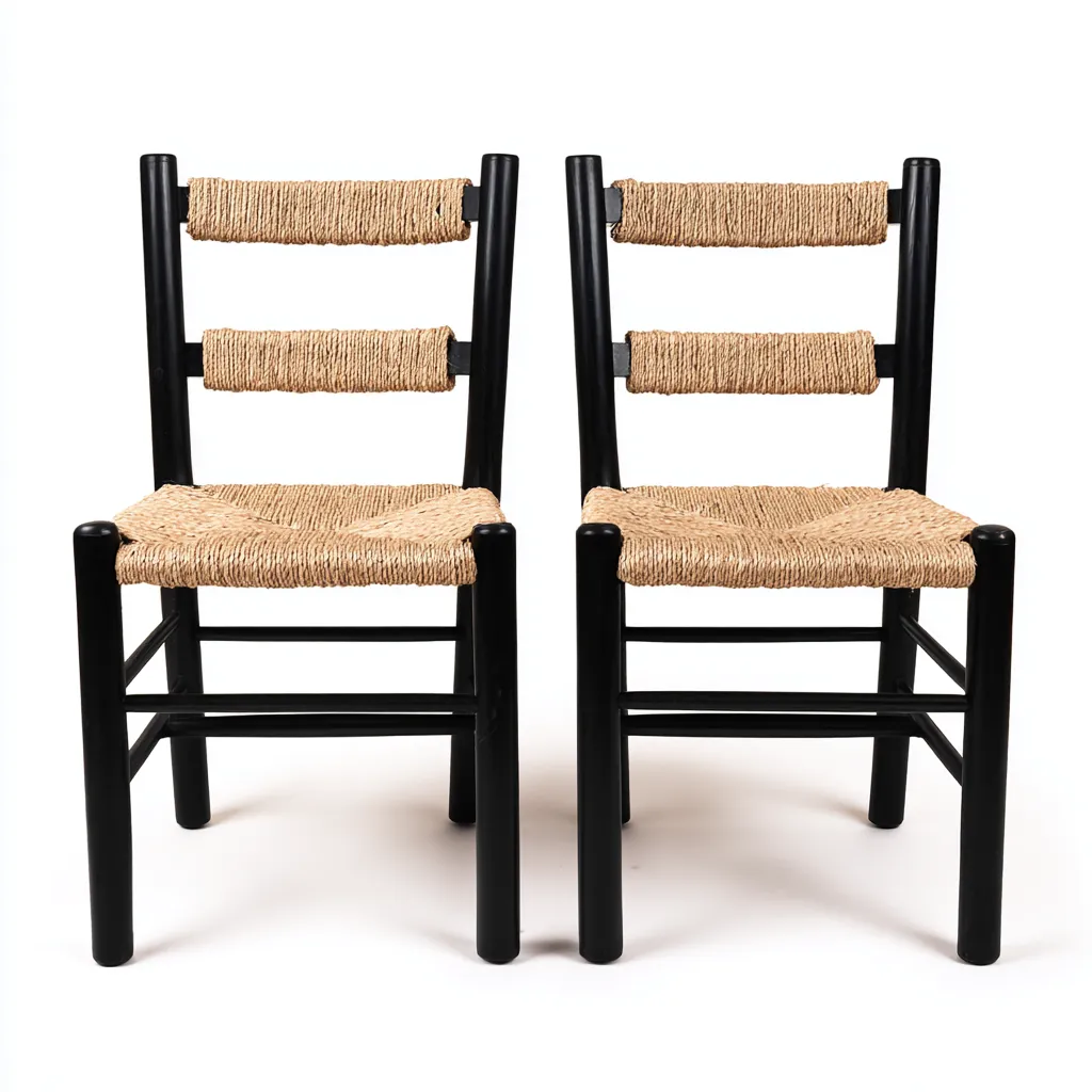Chaise de salle à manger lot de 2 bois et corde 48x50x86 cm - noir et beige - style rustique - adaptées à salle à manger-Nicheuse