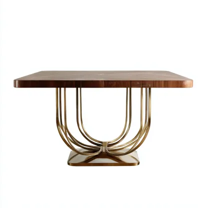 Table à manger bois et métal 140x140x75 cm - noix - or - pour salle à manger - style moderne-Nicheuse