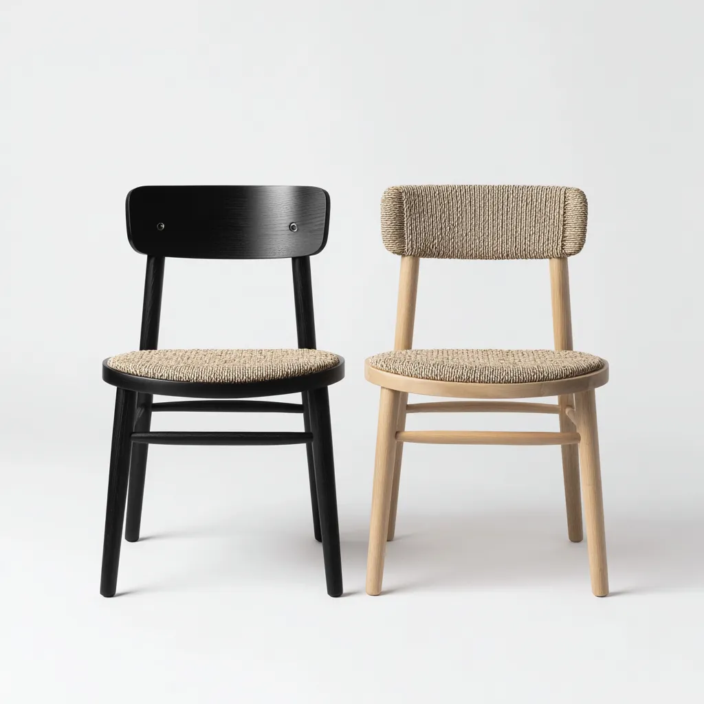 Chaise de salle à manger lot de 2 bois et corde 46x52x80 cm - noir - beige et naturel - beige - style moderne - adaptées à salle à manger-Nicheuse