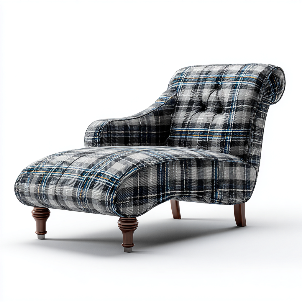 Chaise longue - tissu écossais - bois - 168x72x88 cm - gris - bleu - style classique - adaptée au salon-Nicheuse