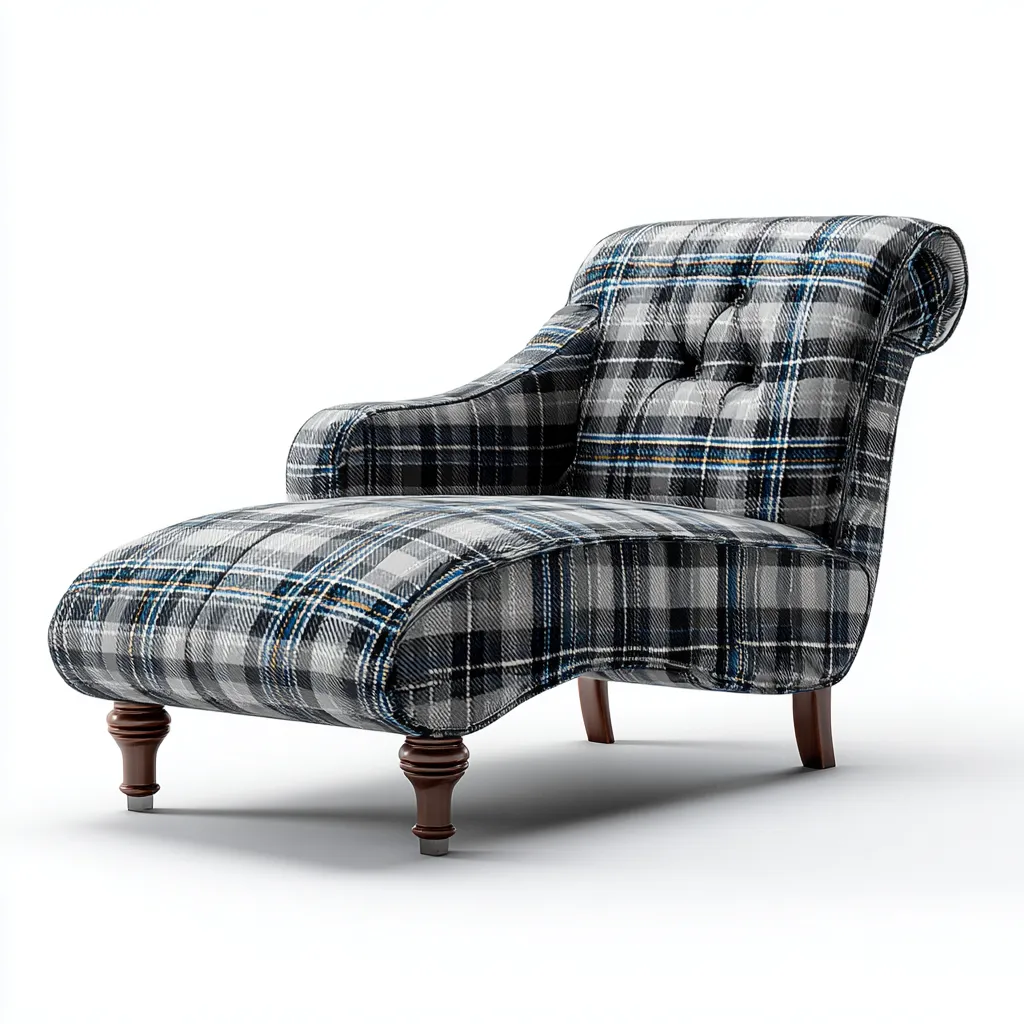 Chaise longue - tissu écossais - bois - 168x72x88 cm - gris - bleu - style classique - adaptée au salon-Nicheuse