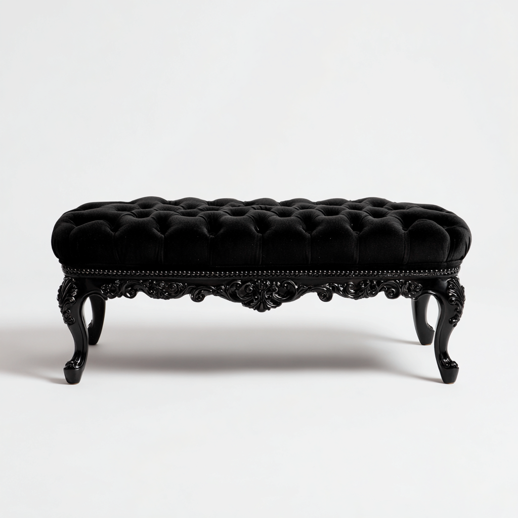 Banc de lit - velours et bois sculpté - 120x45x48 cm - noir - pour chambre - style classique-Nicheuse