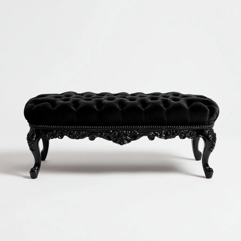 Banc de lit - velours et bois sculpté - 120x45x48 cm - noir - pour chambre - style classique-Nicheuse
