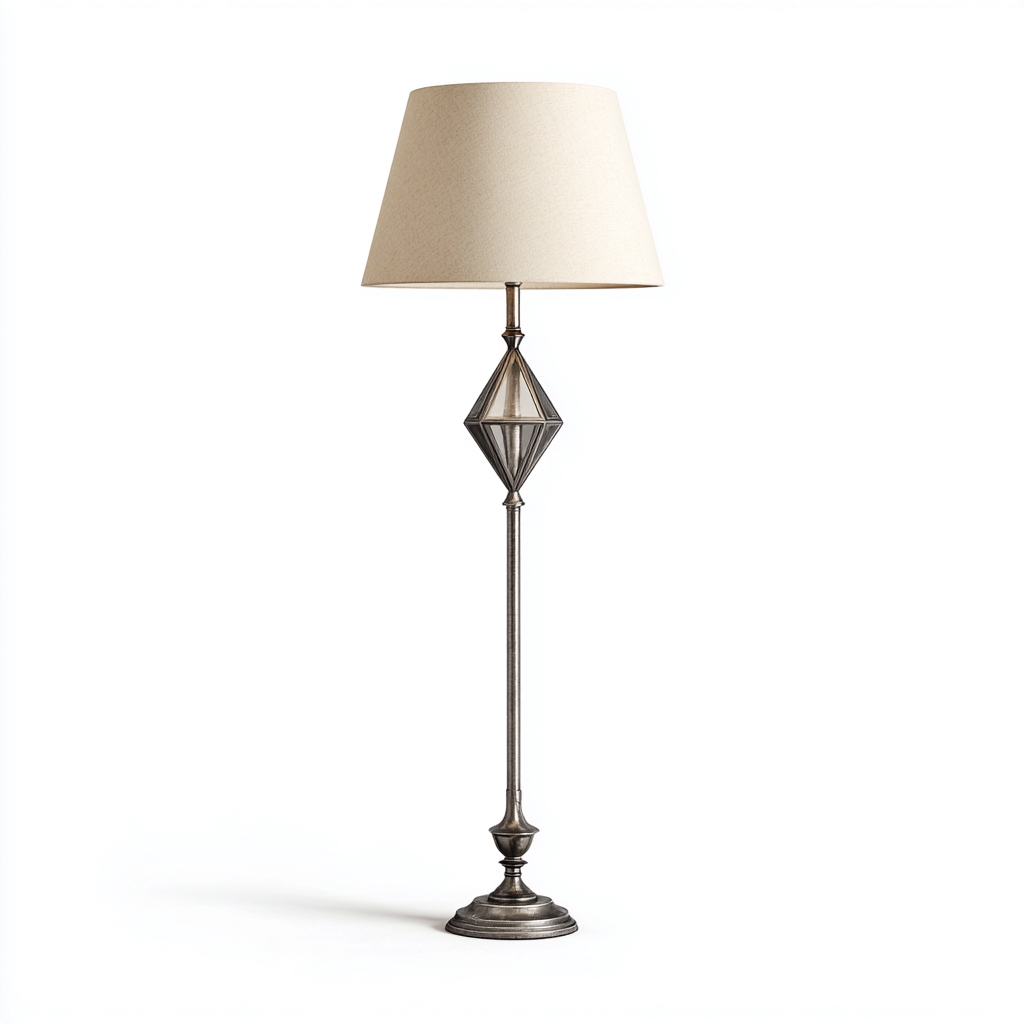 Lampadaire métal et tissu 35x35x170 cm - argent antique - beige - pour salon - style vintage classique-Nicheuse
