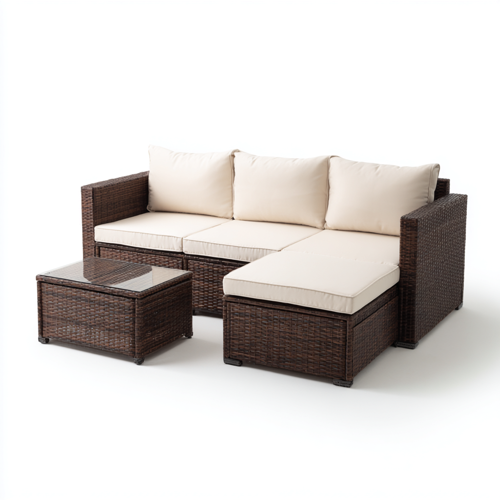 Canapé de jardin Résine tressée et tissu 227x142x73 cm - marron - beige - style moderne pour espaces extérieurs-Nicheuse