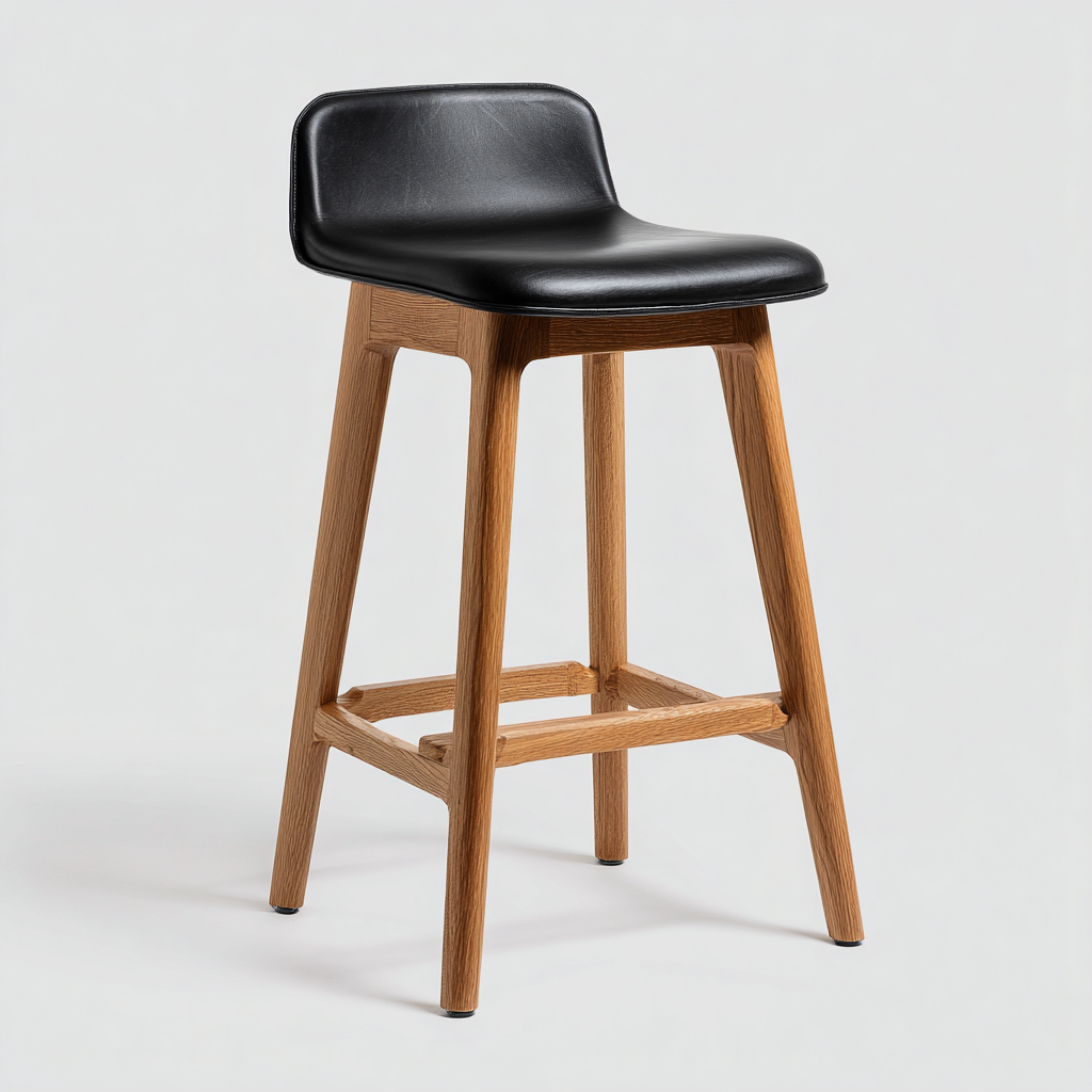 Tabouret de bar bois et cuir véritable 45x45x75 cm - noir - design moderne - adapté à salle à manger-Nicheuse