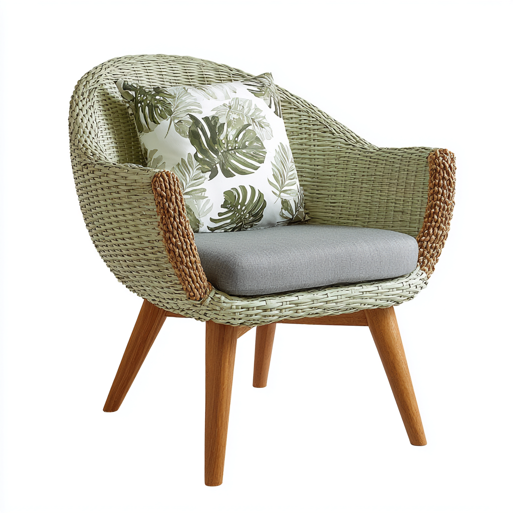 Fauteuil de jardin rotin synthétique et bois 64x63x82 cm - vert - marron - gris - adapté à l'extérieur - design naturel-Nicheuse