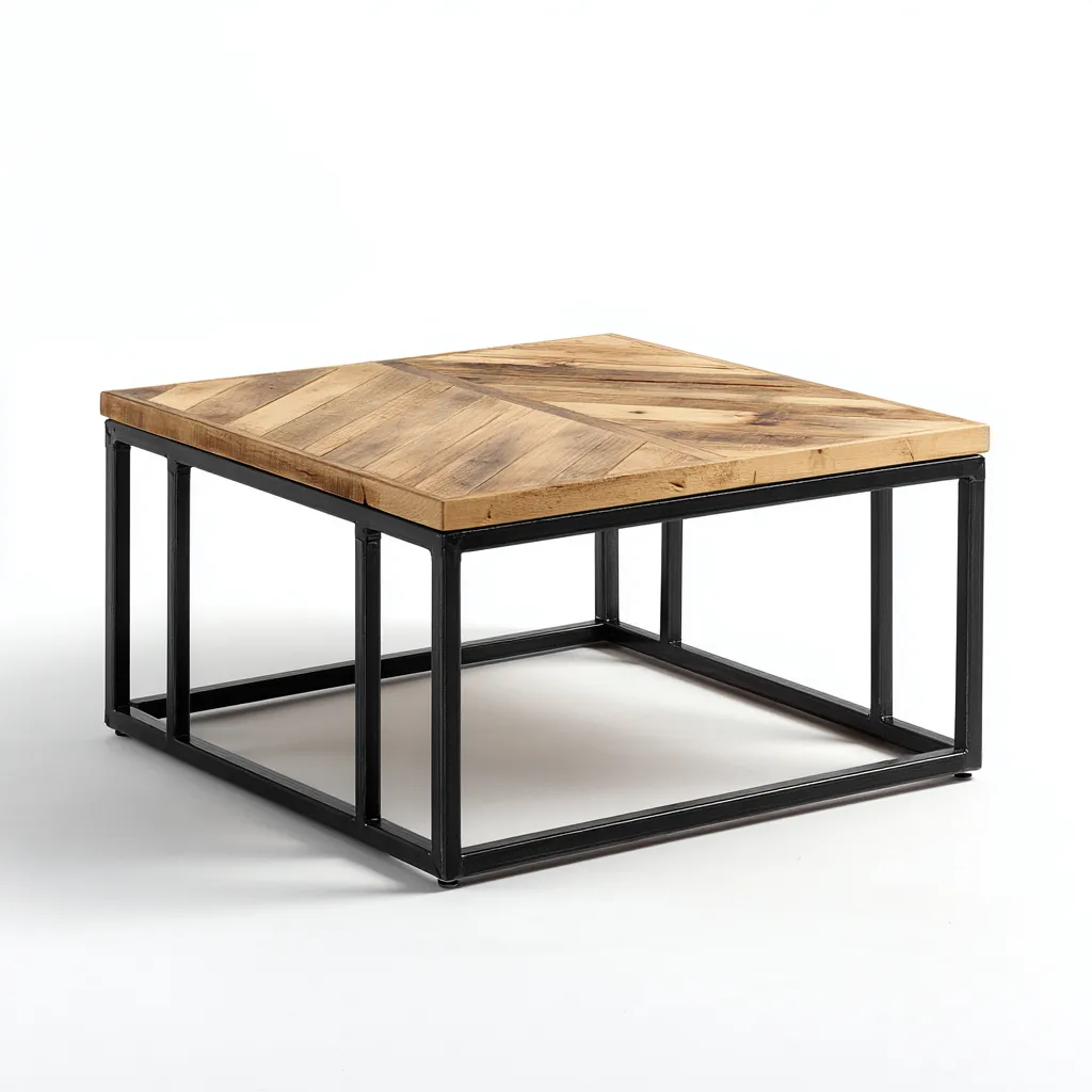 Table basse - bois et métal - 70x70x40 cm - bois naturel et noir - pour salon - style industriel-Nicheuse