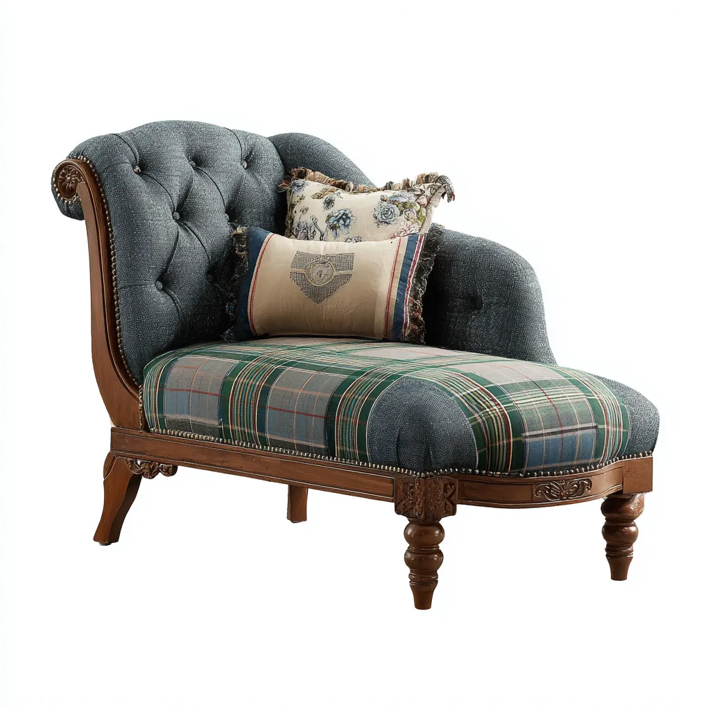 Chaise longue - tissu écossais - bois sculpté - 172x75x90 cm - bleu - style classique - adaptée au salon-Nicheuse