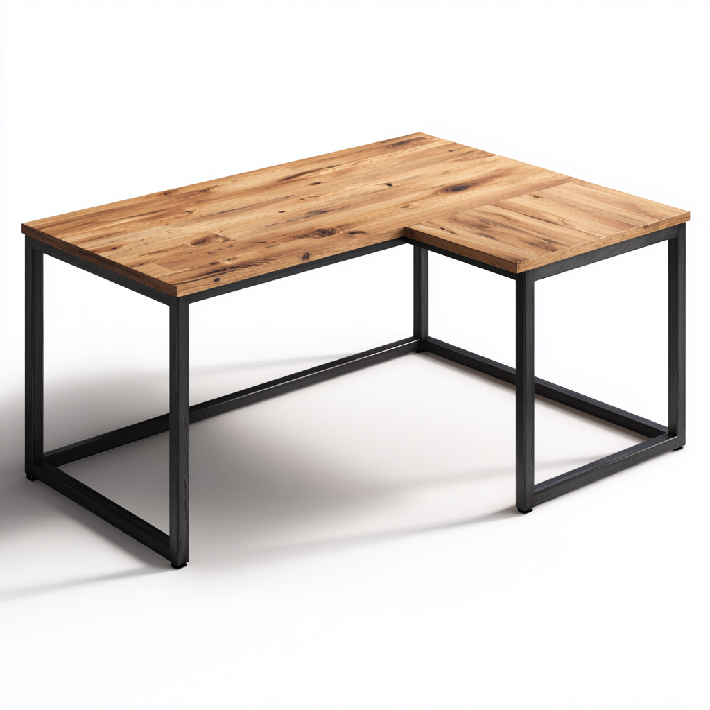 Bureau en L bois et métal 150x120x75 cm - bois clair et noir - style industriel - adapté au bureau-Nicheuse