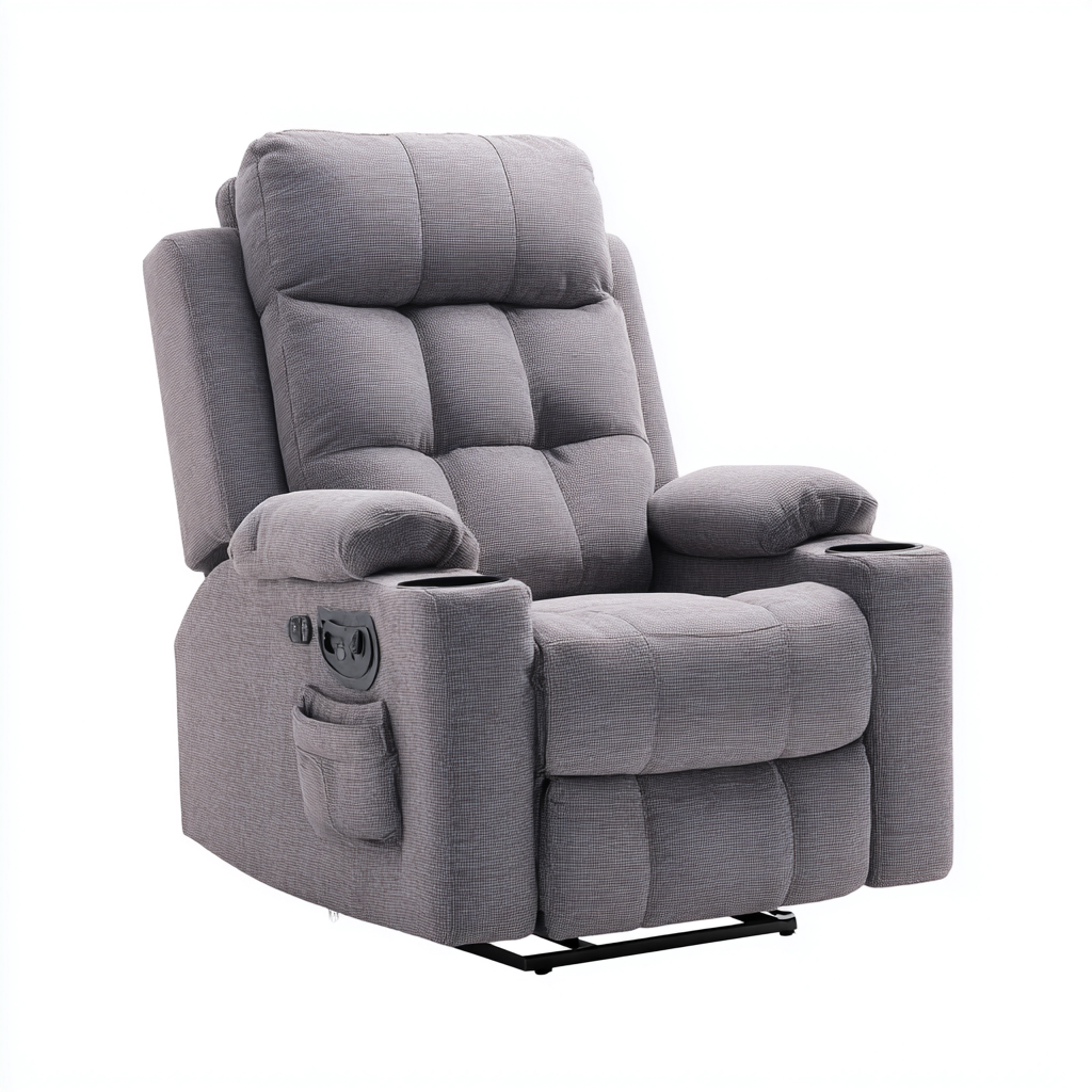 Fauteuil relax en tissu 88x92x104 cm - gris - adapté au salon - style contemporain avec porte-gobelets et poche latérale-Nicheuse