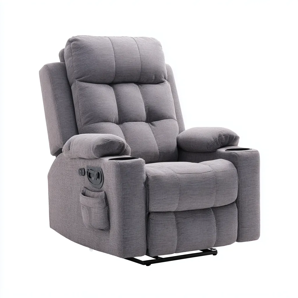 Fauteuil relax en tissu 88x92x104 cm - gris - adapté au salon - style contemporain avec porte-gobelets et poche latérale-Nicheuse
