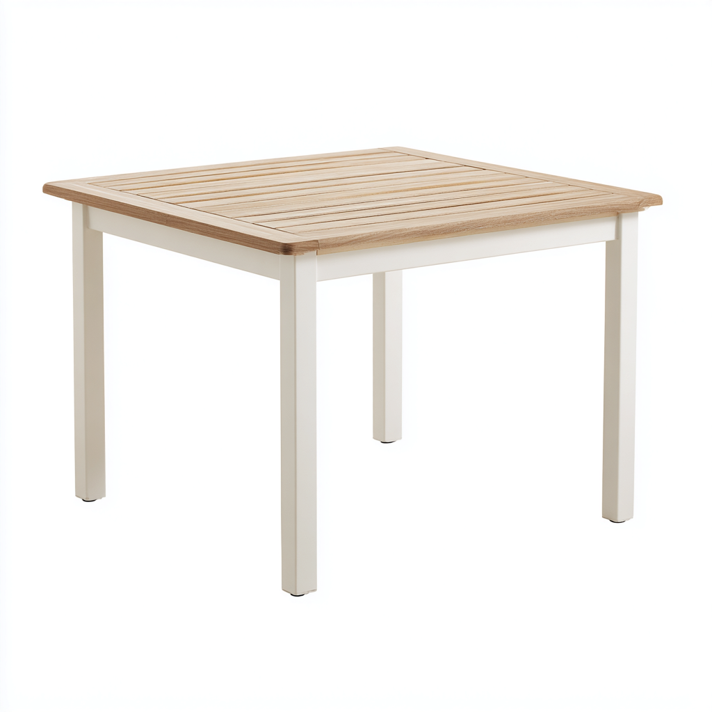Table de jardin aluminium et bois 80x80x75 cm - blanc - naturel - adaptée à l'extérieur - style contemporain-Shelteruna