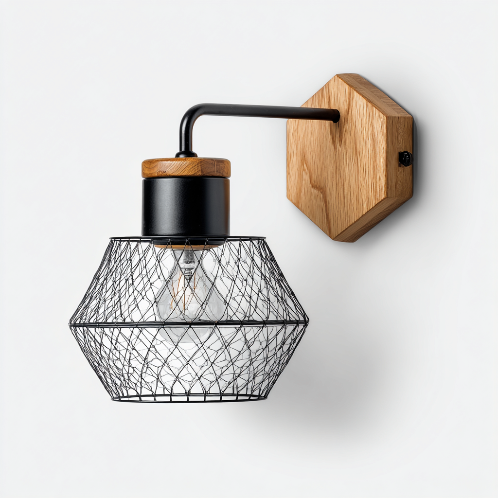 Applique murale - métal et bois - 18x18x25 cm - noir - bois - pour salon - design moderne-Shelteruna