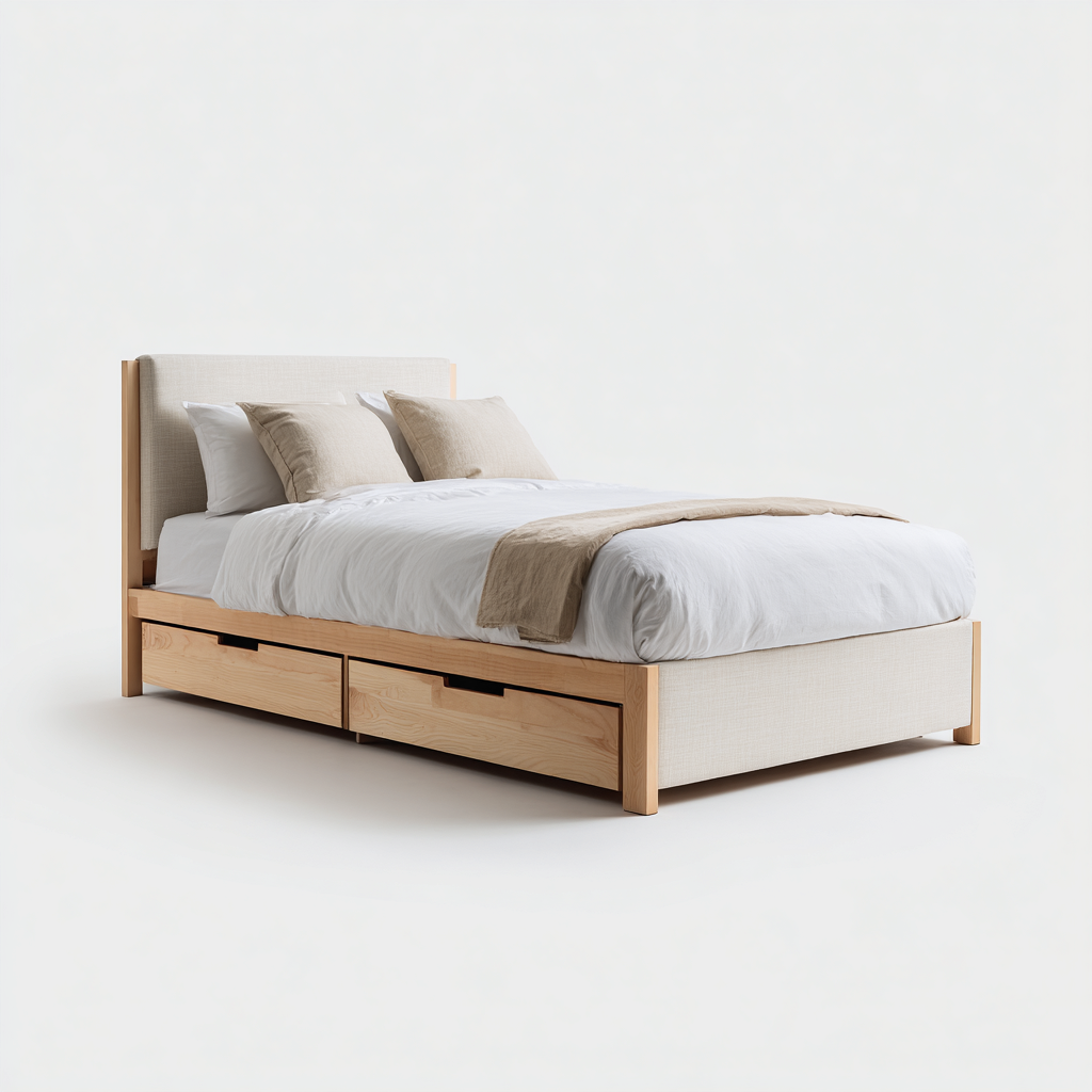 Lit double bois massif 200x180x60 cm bois naturel avec rangement tiroirs et tête de lit capitonnée pour chambre style moderne-Shelteruna