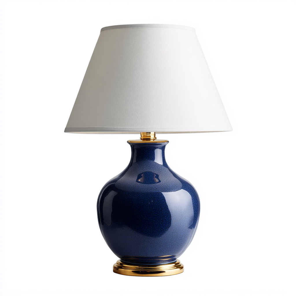 Lampe de table - céramique et métal - 28x28x52 cm - bleu foncé - blanc - or - pour salon - style classique-Shelteruna
