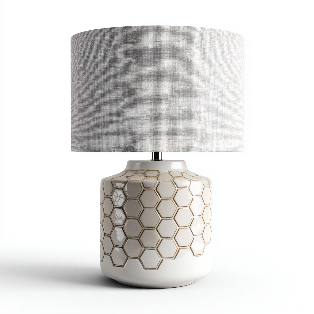 Lampe de table - céramique et tissu - 26x26x48 cm - blanc - beige - pour salon - style moderne-Shelteruna