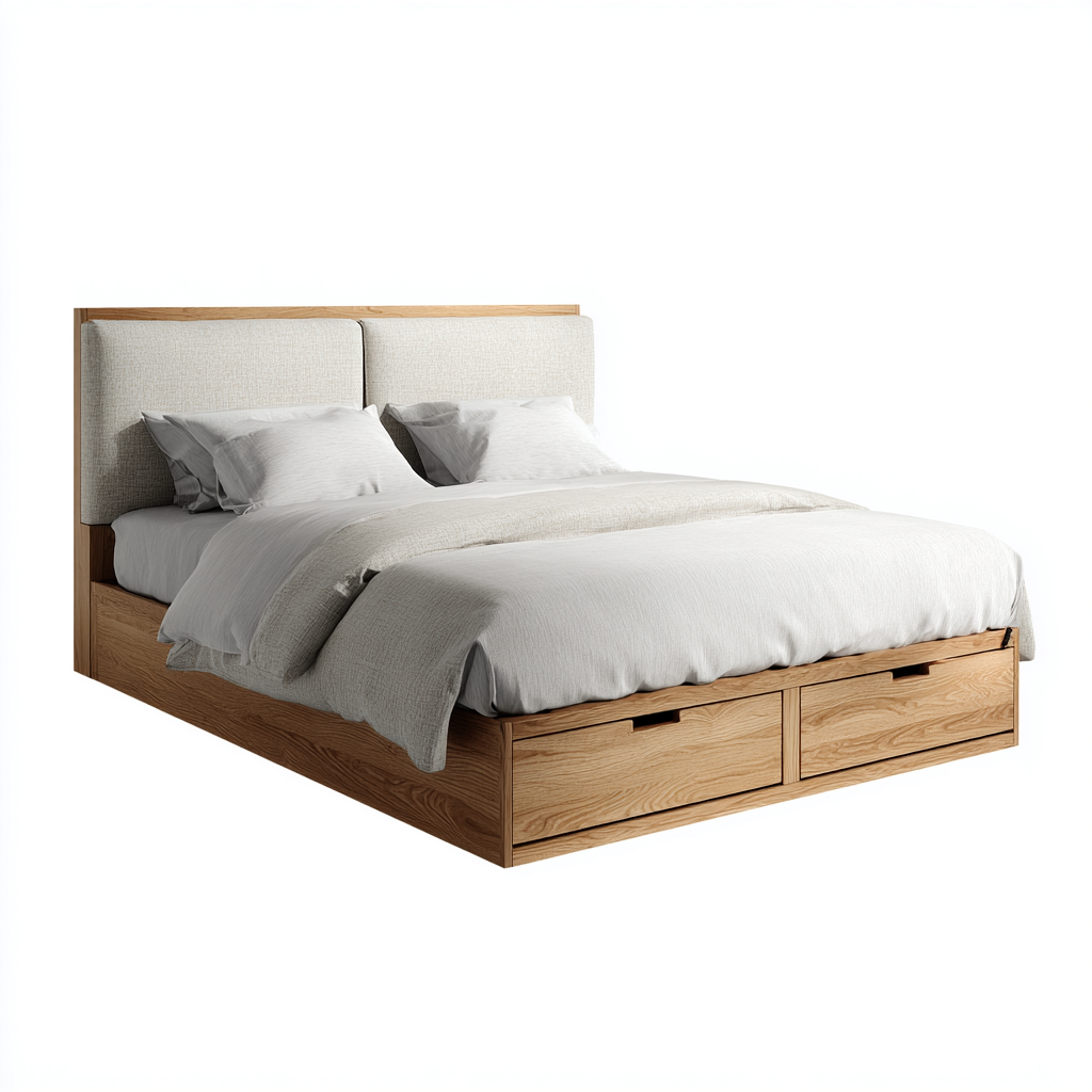 Lit double bois massif 200x180x63 cm bois naturel avec rangement tiroirs et tête de lit capitonnée pour chambre style moderne-Shelteruna
