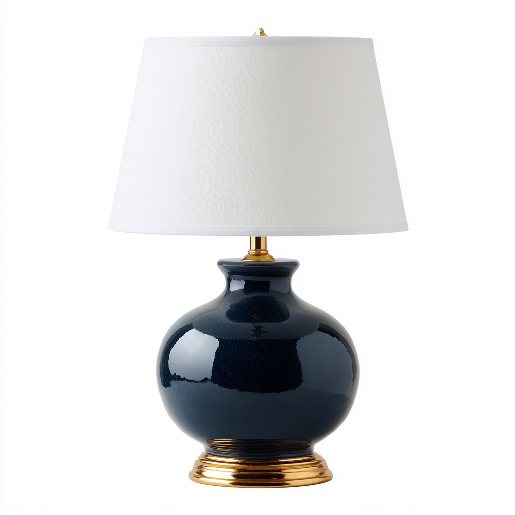 Lampe de table - céramique et métal - 28x28x50 cm - bleu foncé - blanc - or - pour salon - style classique-Shelteruna