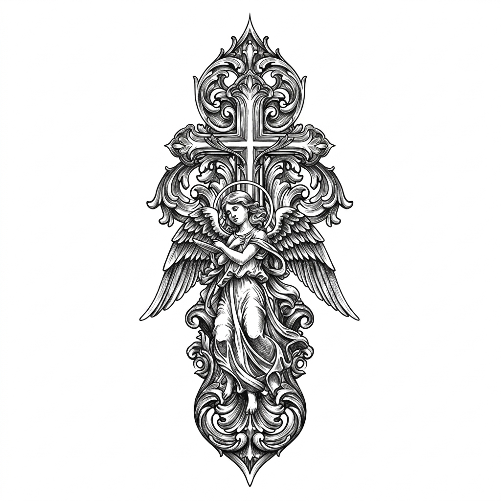 Ornate Angel and Baroque Cross Temporary Tattoo