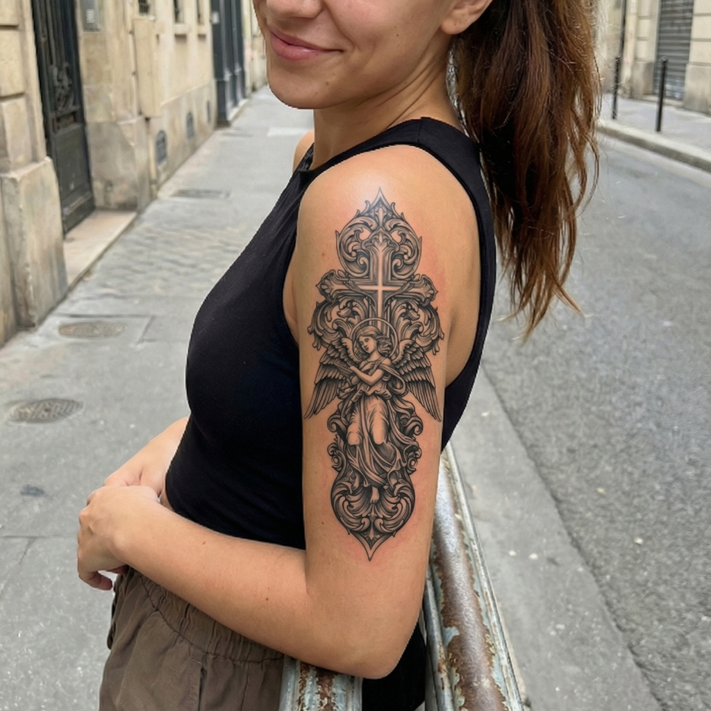 Ornate Angel and Baroque Cross Temporary Tattoo