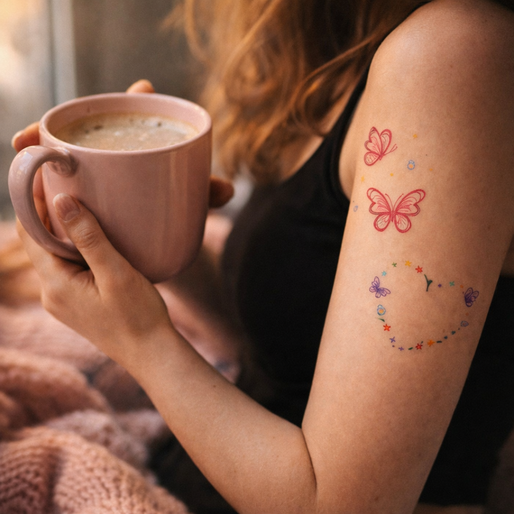 Colorful Butterfly & Heart Temporary Tattoo