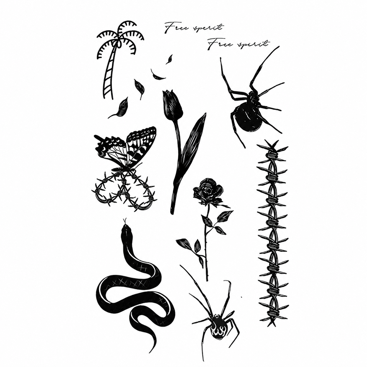 Semi-Permanent Tattoo Sticker - Black Gothic Snake, Butterfly, Spider & Barbed Wire