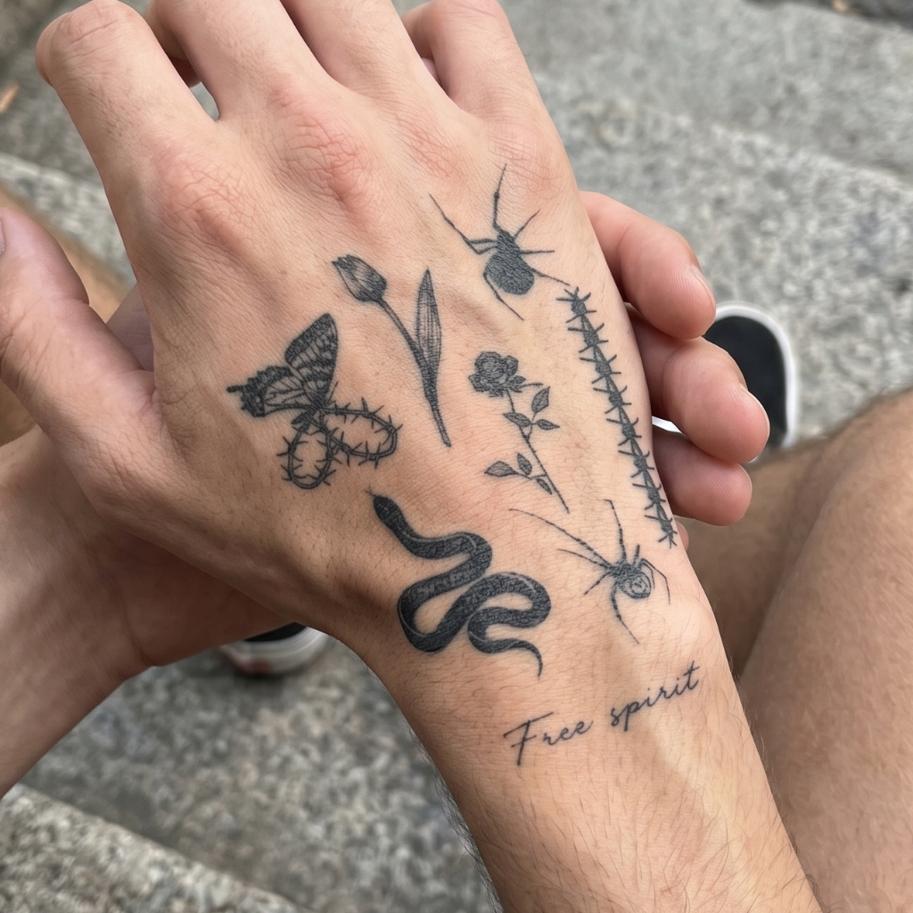 Semi-Permanent Tattoo Sticker - Black Gothic Snake, Butterfly, Spider & Barbed Wire