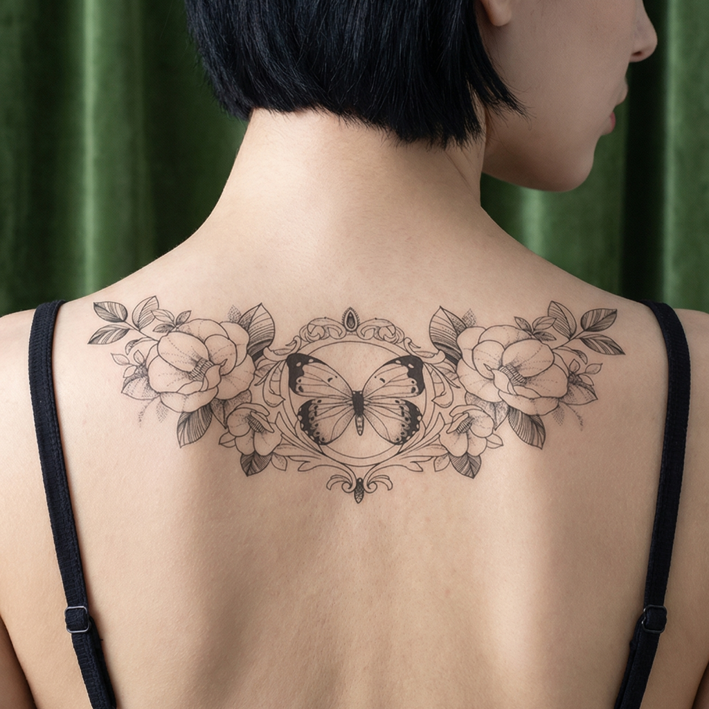 Semi-Permanent Butterfly and Rose Floral Tattoo Sticker