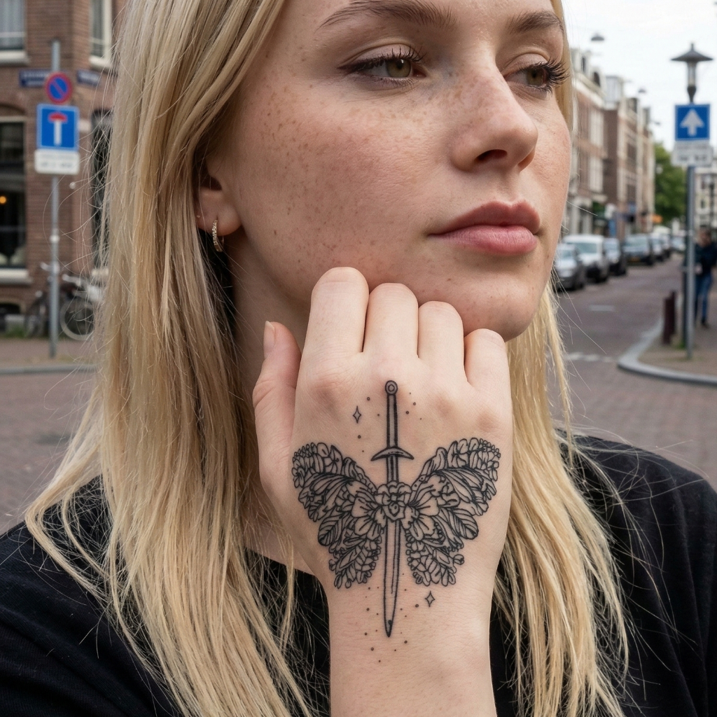 Floral Butterfly Sword Temporary Tattoo