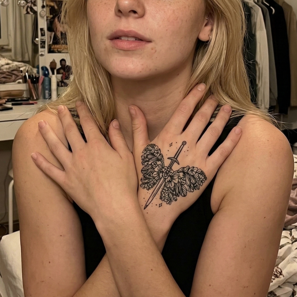 Floral Butterfly Sword Temporary Tattoo