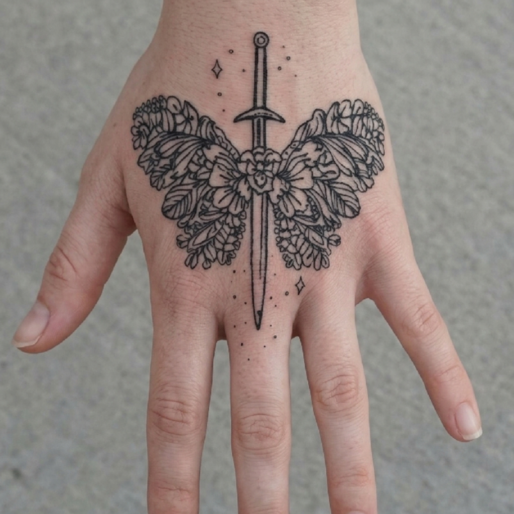 Floral Butterfly Sword Temporary Tattoo