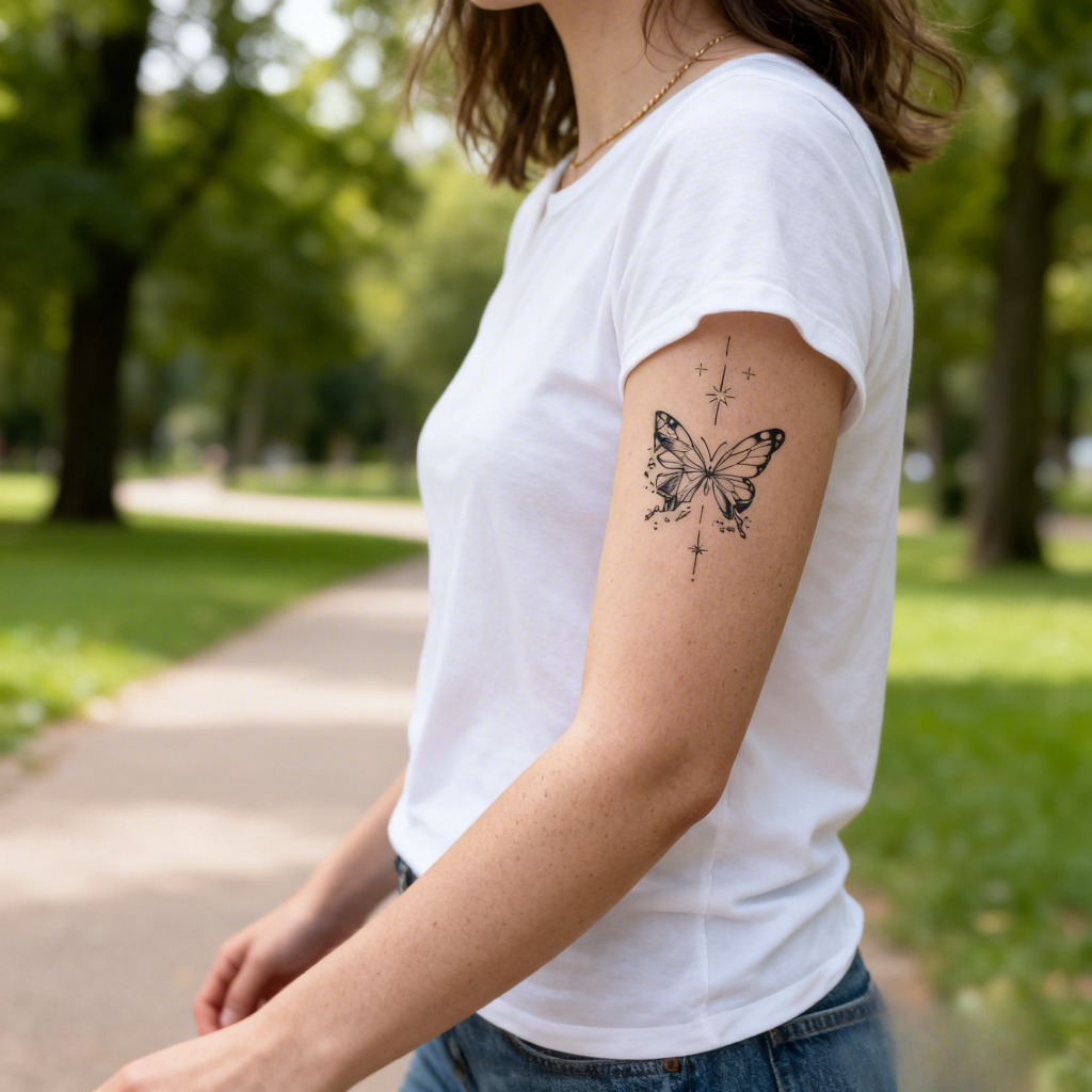Geometric Butterfly Temporary Tattoo - Minimalist Line Art Body Sticker for Women & Men