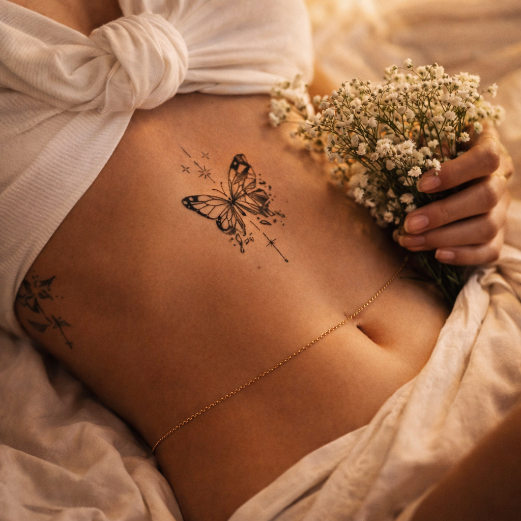 Geometric Butterfly Temporary Tattoo - Minimalist Line Art Body Sticker for Women & Men
